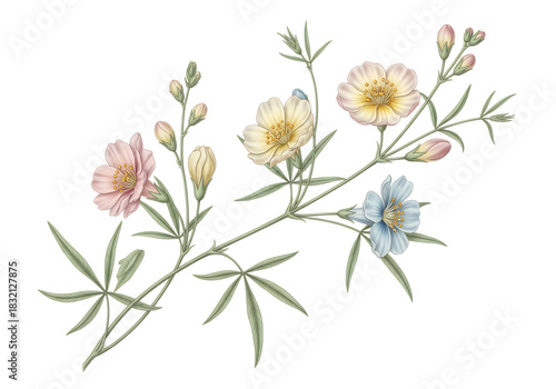 Beautiful wildflower branch with colorful buds and blooms illustration