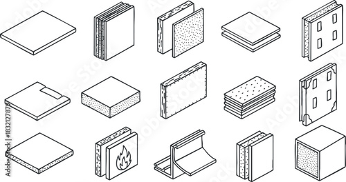 A collection of construction and insulation panels in flat modern vector style, suitable for architectural design and engineering projects