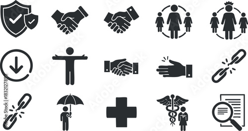 A collection of business and health icons featuring handshake, teamwork, medical symbols, and community figures in black and white vector style, perfect for corporate branding and health services