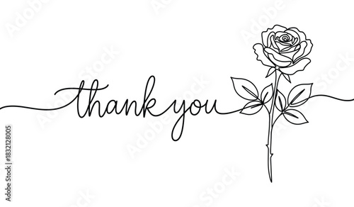 Elegant thank you script with rose flower illustration in continuous line style expressing gratitude and appreciation in a minimalist silhouette design silhouette