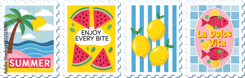 Collection of four colorful postage stamp illustrations featuring summer themes like a beach scene, watermelon slices, lemons, and an italian phrase with fish