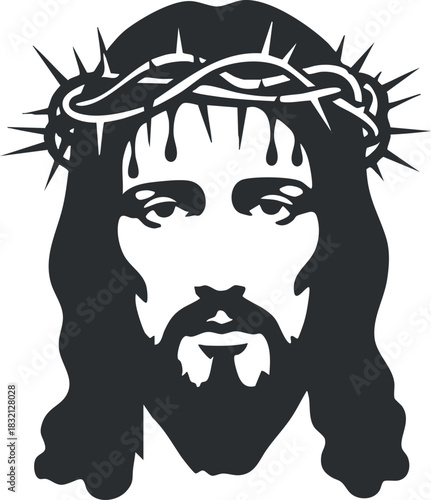 A depiction of Jesus Christ with a crown of thorns in black and white outline vector style, suitable for religious art and symbolism