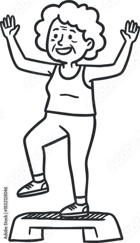 A cheerful woman jumping on a step platform in outline vector style, ideal for fitness and wellness projects