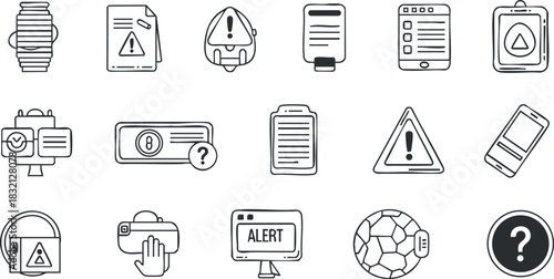A collection of alert and notification icons in outline vector style, perfect for technology and communication design
