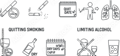A set of icons representing quitting smoking and limiting alcohol in minimalist vector style, ideal for health and wellness campaigns