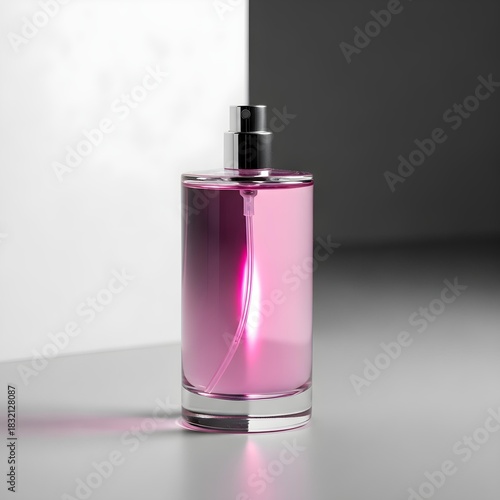 Perfume bottle with pink liquid and black cap on a surface