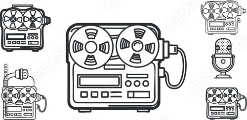 A collection of vintage tape recorders and microphones in clean outline vector style, ideal for music production and audio projects