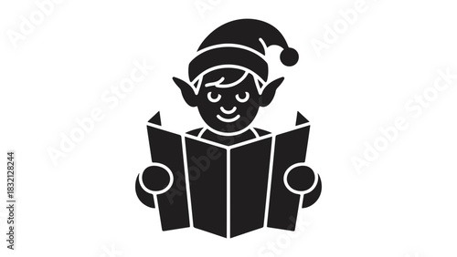 Christmas elf reading book vector illustration silhouette