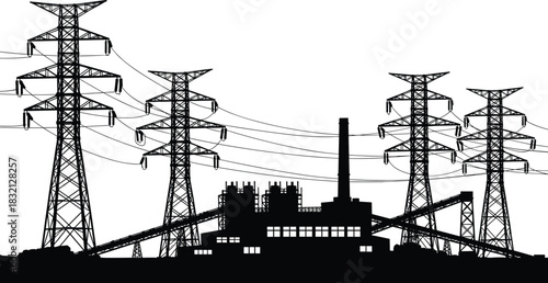 Industrial power plant silhouette vector illustration featuring high voltage electricity transmission towers, factory building, and energy grid infrastructure.