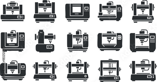 A set of 3D printers in black and white vector style, ideal for technology and manufacturing projects