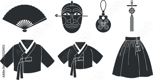 A collection of traditional Korean icons including a fan, mask, clothing, and accessories in black and white minimalist vector style, suitable for cultural projects and designs