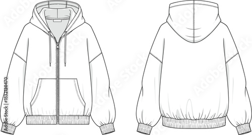 Zip-up hoodie technical fashion flat sketch with drop shoulder, split kangaroo pocket, ribbed hem, front and back view vector template.