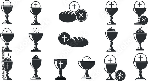 A collection of communion icons featuring cups and bread in black and white minimalist vector style, suitable for religious and spiritual designs