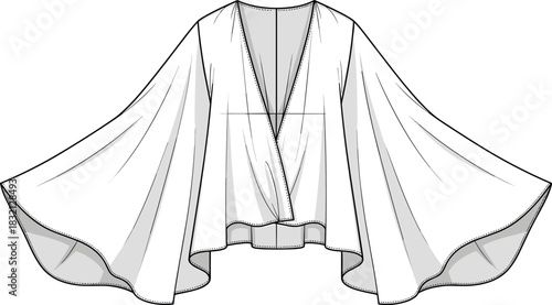 Women's open front kimono cardigan technical fashion flat sketch with draped batwing sleeves, flowy fit vector illustration template.