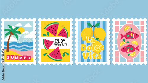 Collection of four colorful, stylized postage stamps featuring summer and italian vacation themes like palm tree, watermelon, lemon, and fish designs
