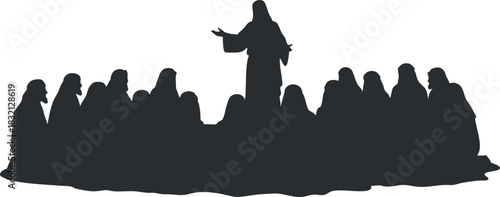A silhouette of a speaker addressing a group of people in minimalist black and white vector style, suitable for religious or community themes