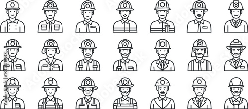 A set of construction worker icons in black and white line style, ideal for industry-related design projects