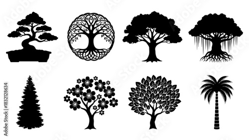 Set of black tree silhouettes for nature forest and botanical designs