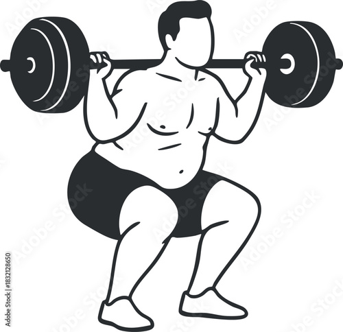 A man performing a squat with a barbell in minimalist black and white vector style, ideal for fitness and health branding