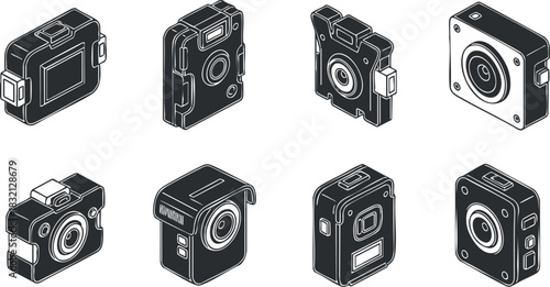 A collection of various camera icons in black and white outline vector style, perfect for photography-related designs and branding
