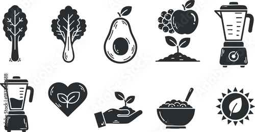 A collection of health and nutrition icons featuring vegetables, fruits, and kitchen equipment in black and white vector style, perfect for wellness projects and food-related branding