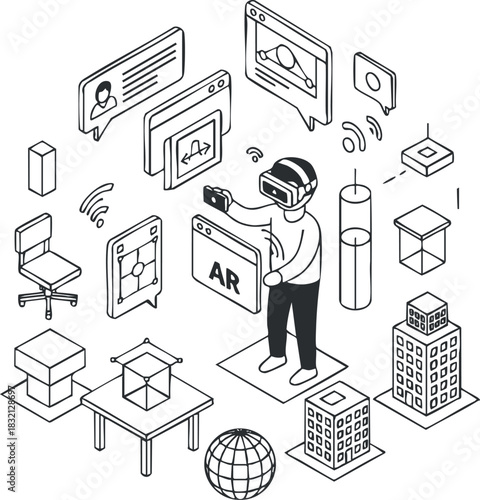 A set of augmented reality technology icons and elements in clean outline vector style, suitable for tech and design projects
