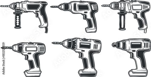A collection of electric drills in black and white outline vector style, suitable for hardware and construction design projects