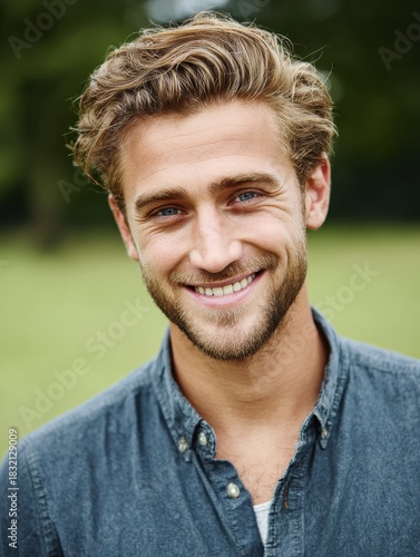 headshot portrait of young man smiling isolated on outside outdoors background no logos no brands ar 34