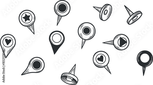 A collection of various map markers and location pins in a flat black and white vector style, ideal for navigation and travel-themed projects