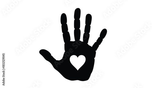 Handprint with heart silhouette symbol of love care and connection ideal for charity healthcare and family concepts in a minimalist black and white design silhouette