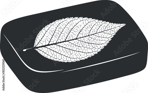 A soap bar with a leaf imprint in minimalist black and white vector style, ideal for eco-friendly skincare branding