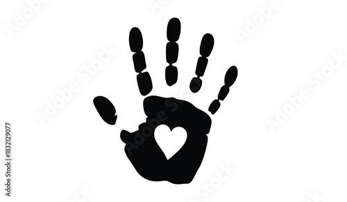 Black handprint with heart shape silhouette symbolizing love care and childhood isolated on white background perfect for graphic design and creative projects silhouette