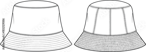 Bucket hat technical fashion flat sketch set, front view vector illustration with stitching details and panel construction template.