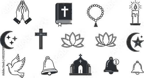 A collection of religious and spiritual symbols including a cross, bible, dove, and lotus in black and white minimalist vector style, ideal for faith-based designs