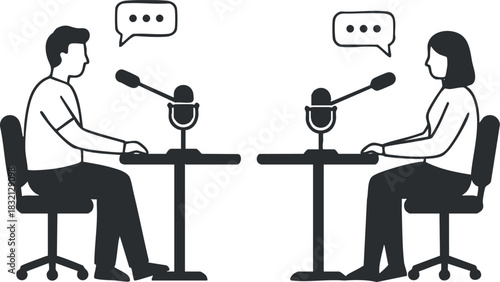 A podcast interview scene with two people sitting at a table with microphones in black and white vector style, ideal for media and communication projects