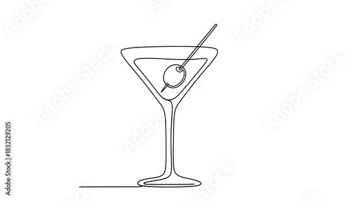 Elegant martini glass with olive one line drawing minimalist cocktail illustration in black and white silhouette