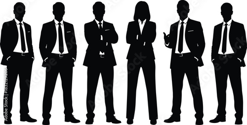 Business team silhouettes set, corporate men and woman in formal suits, professional group standing, black vector illustration collection.