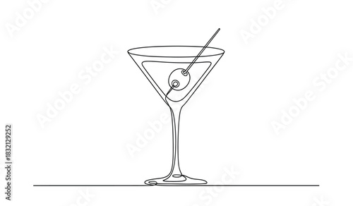 Elegant martini glass with olive and straw single line drawing style minimalist cocktail illustration for bar or restaurant menu design silhouette