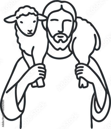 A shepherd carrying a lamb on his shoulders in a minimalist outline vector style, suitable for religious themes and spiritual projects