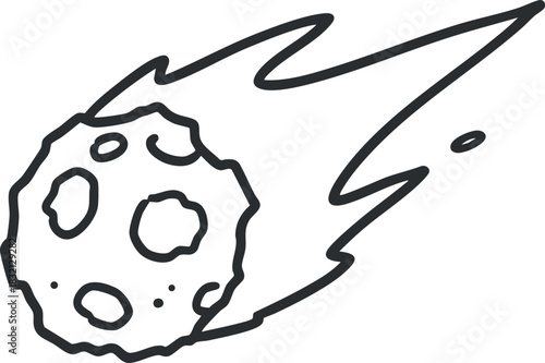 A stylized comet with a fiery tail in black and white outline vector style, suitable for space-themed projects