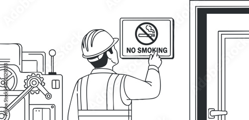 A construction worker wearing a helmet pointing at a no smoking sign in black and white outline vector style, suitable for workplace safety materials