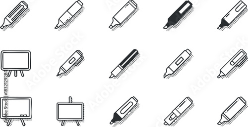 A collection of various markers and drawing tools in black and white outline vector style, perfect for art and design projects