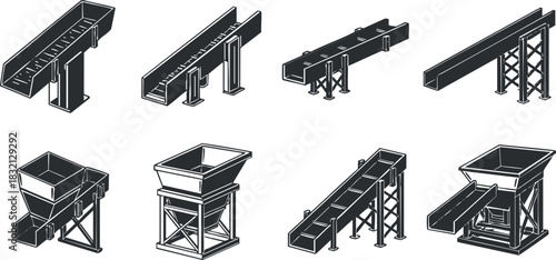A set of industrial hoppers and conveyors in black and white outline vector style, suitable for engineering and construction projects