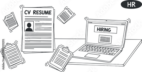 A set of resumes and a laptop in minimalist outline vector style, ideal for HR and recruitment projects