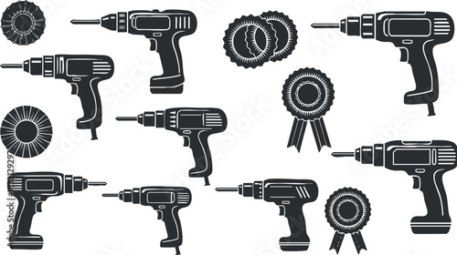 A set of black and white vector illustrations of various drills and award ribbons, ideal for construction and tools branding