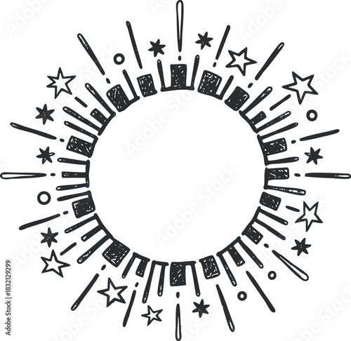 A circular burst design featuring stars and spikes in black and white outline vector style, perfect for festive events and celebrations