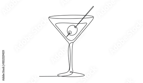 Elegant martini glass with olive and swizzle stick in silhouette style a minimalist line art illustration for bar and cocktail designs silhouette