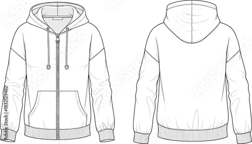 Vector technical sketch of zip-up hoodie, front and back view, drawstring hood, kangaroo pocket, ribbed cuffs, fashion flat illustration.