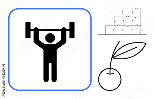 Fitness concept. Weightlifting imagery health and strength. A cherry and puzzle outline adds elements of nutrition and problem-solving. For fitness, health apps, nutrition, puzzles, energy