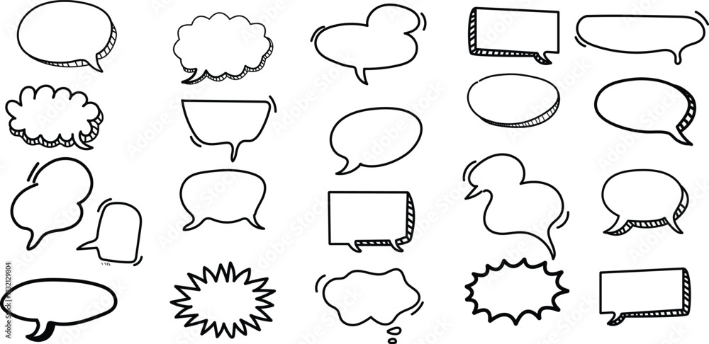 Fototapeta premium Speech bubble doodle talk set. Hand drawn comic doodle style dialog balloon, thought cloud speech bubble element pack. Cartoons speak elements on a blackboard background. Vector illustration